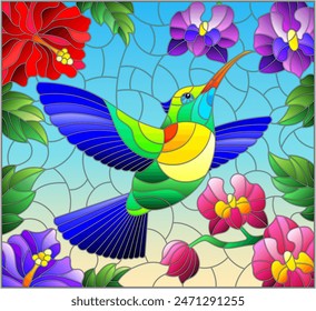 Ilustración en estilo vitral con un colibrí brillante sobre el fondo del cielo y flores de orquídeas e hibiscos