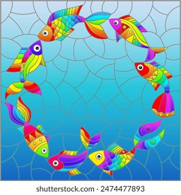 Illustration in stained glass style with bright rainbow abstract fish on a blue background