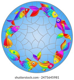 Illustration in stained glass style with bright rainbow abstract fish on a blue background, round image