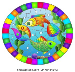 Ilustración en estilo vitral con pez arco iris brillante en el fondo de agua, fondo y algas, Imagen ovalada en marco brillante