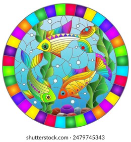 Ilustración en estilo vitral con pez arco iris brillante en el fondo de agua, fondo y algas, Imagen ovalada en marco brillante