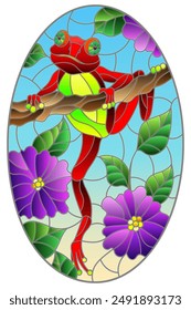 Ilustración en estilo vitral con rana roja brillante sobre fondo de ramas de plantas con flores y hojas sobre fondo celeste, Imagen oval