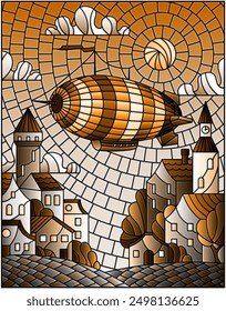 Illustration in stained glass style with bright rainbow balloon flying over the city on the background of cloudy sky and sun, tone brown