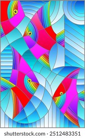 Illustration in stained glass style with bright abstract fish on a geometric blue background