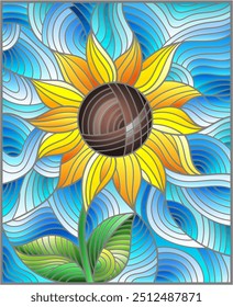 Illustration in stained glass style with bright yellow abstract flower on a blue wavy background