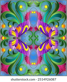Illustration in stained glass style with bright butterflies, flowers and leaves, on a blue background