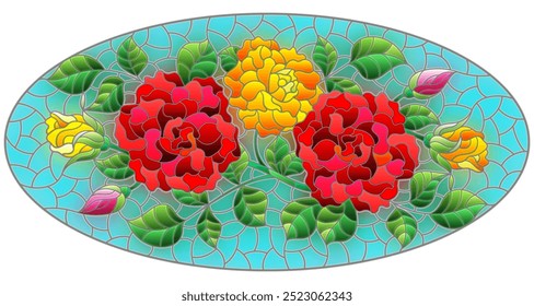 Illustration in stained glass style with a bright red rose flowers on a blue background, oval image