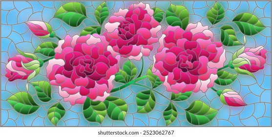Illustration in stained glass style with a bright pink roses flowers on a blue background, rectangular image
