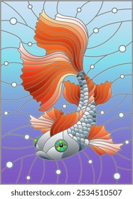 Illustration in stained glass style with bright gold fish on the background of water and air bubbles