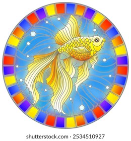 Illustration in stained glass style with bright gold fish on the background of water and air bubbles, oval image in bright frame