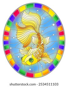 Illustration in stained glass style with bright gold fish on the background of water and air bubbles, oval image in bright frame