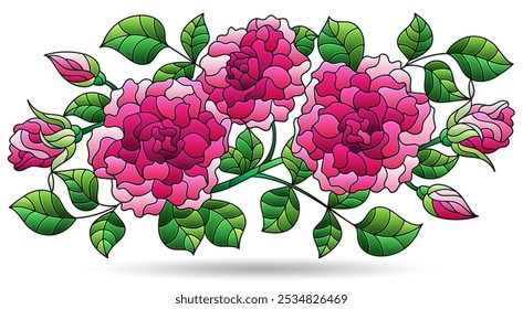 Ilustração em um estilo de vidro manchado com flores de rosa brilhante, isoladas em um fundo branco