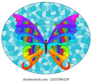 Illustration in stained glass style with a bright butterfly on a blue background, rectangular image