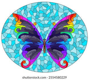 Illustration in stained glass style with a bright butterfly on a blue background, rectangular image