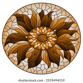 Illustration in stained glass style with bright flower on a sky background,oval  image, tone brown