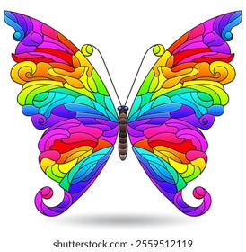 Illustration in a stained glass style with bright butterfly, insect isolated on a white background