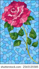 Illustration in stained glass style with a bright pink rose flower on a blue background, rectangular image