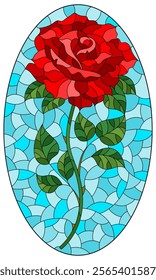 Illustration in stained glass style with a bright red rose flower on a blue background, oval image