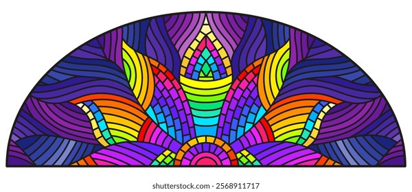 Illustration in stained glass style with bright red abstract rainbow on blue wavy background