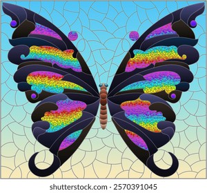 Illustration in stained glass style with a bright butterfly on a blue background, rectangular image