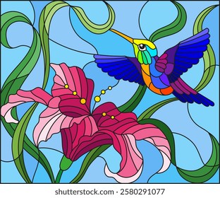 Illustration in stained glass style with bright Hummingbird against the sky, foliage and flower of Lily