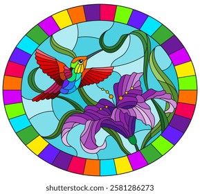 Illustration in stained glass style with bright red Hummingbird against the foliage and purple flower of Lily, oval image in bright frame