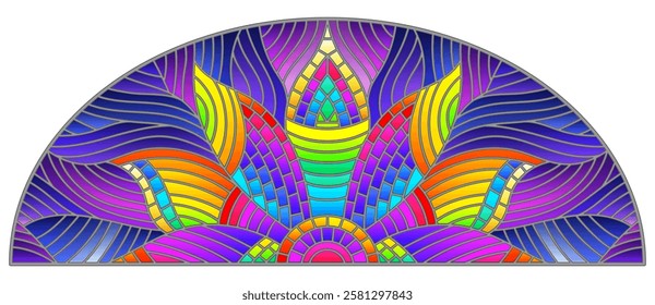 Illustration in stained glass style with bright red abstract rainbow on blue wavy background