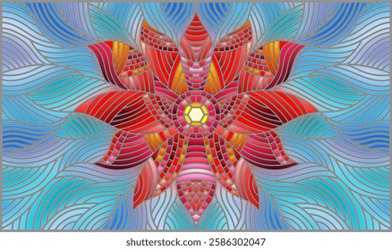 Illustration in stained glass style with bright red abstract flower on blue wavy background