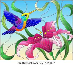 Illustration in stained glass style with bright Hummingbird against the sky, foliage and flower of Lily