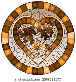 Illustration in stained glass style with bright  pink heart and flowers, oval image in  frame, tone brown