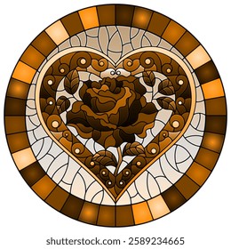 Illustration in stained glass style with bright pink heart and red rose flower on blue background, tone brown