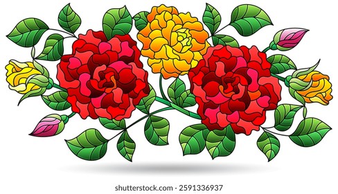 Illustration in a stained glass style with bright rose flowers, isolated on a white background