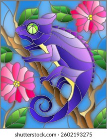 Illustration in stained glass style with bright purple chameleon on plant branches background with leaves and flowers on blue background
