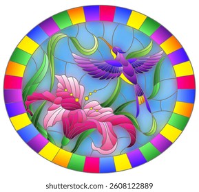 Illustration in stained glass style with bright Hummingbird against the sky, foliage and flower of Lily, oval image in bright frame