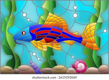Illustration dans le style vitrail avec un poisson-chat lumineux sur fond d'eau et d'algues