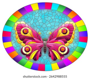 Illustration in stained glass style with a bright pink butterfly on a blue background in a bright frame, oval image