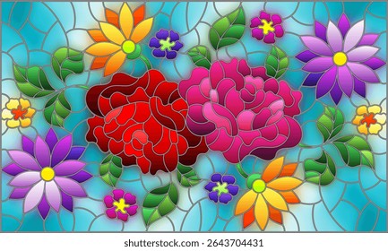 Illustration in stained glass style with a bright flower arrangement on a blue background, square image