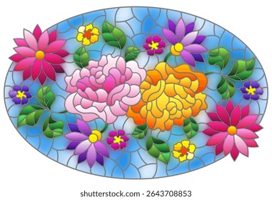 Illustration in stained glass style with a bright flower arrangement on a blue background, oval image