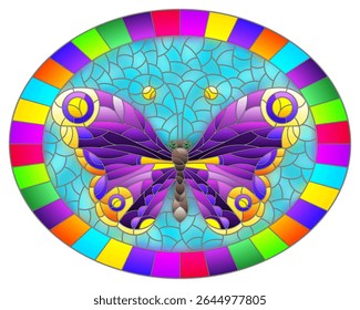 Illustration in stained glass style with a bright purple butterfly on a blue background in a bright frame, oval image