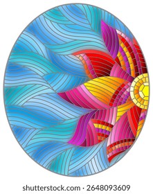 Ilustração em estilo de vidro manchado com flor abstrata rosa brilhante em um fundo ondulado azul, imagem oval