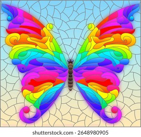 Ilustração em estilo de vidro manchado com uma borboleta brilhante sobre um fundo azul, imagem retangular