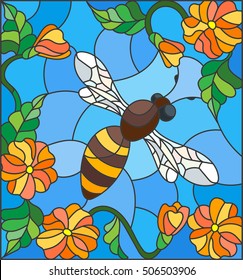 Illustration in stained glass style with bright bee against the sky, foliage and flowers