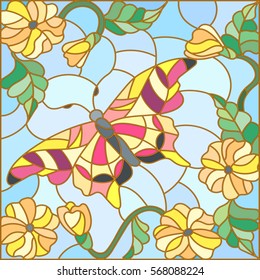 Illustration in stained glass style with bright butterfly against the sky, foliage and flowers