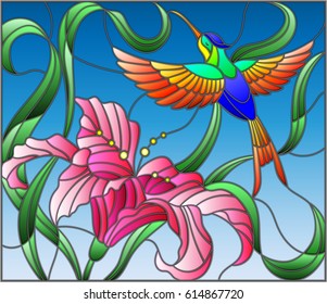 Illustration in stained glass style with bright Hummingbird against the sky, foliage and flower of Lily