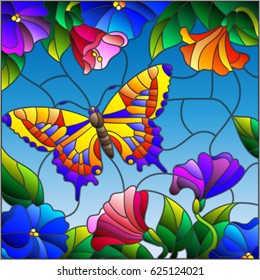 Illustration in stained glass style with bright butterfly against the sky, foliage and flowers