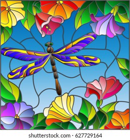 Illustration in stained glass style with bright dragonfly against the sky, foliage and flowers