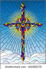 Illustration in stained glass style with bright cross on a background of blue sky and clouds