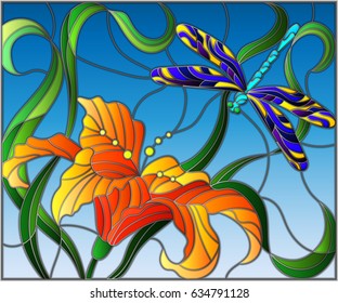 Illustration in stained glass style with bright dragonfly against the sky, foliage and flower of Lily