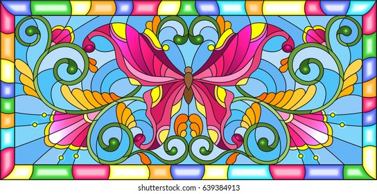 Illustration in stained glass style with bright butterfly and floral ornament on a blue  background in a frame 