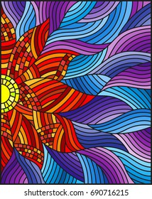 Illustration in stained glass style with bright orange abstract flower on blue wavy background
